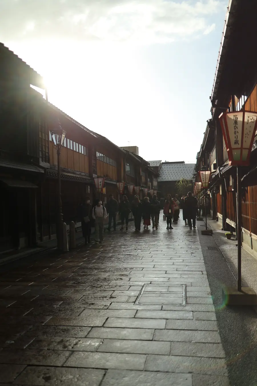 Stone-paved street in Gion lined with wooden buildings